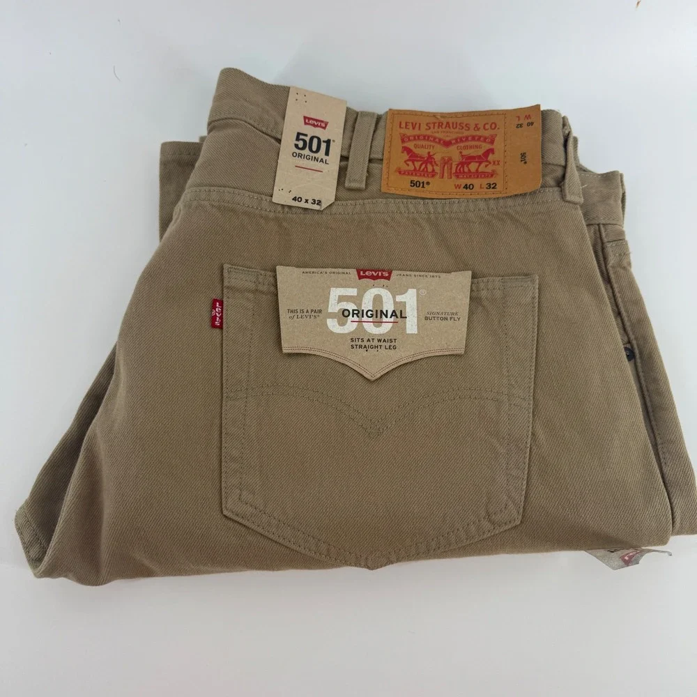 Levis 501 Original Fit Jeans Mens 40x32 Khaki Tan Straight Leg Button Fly New